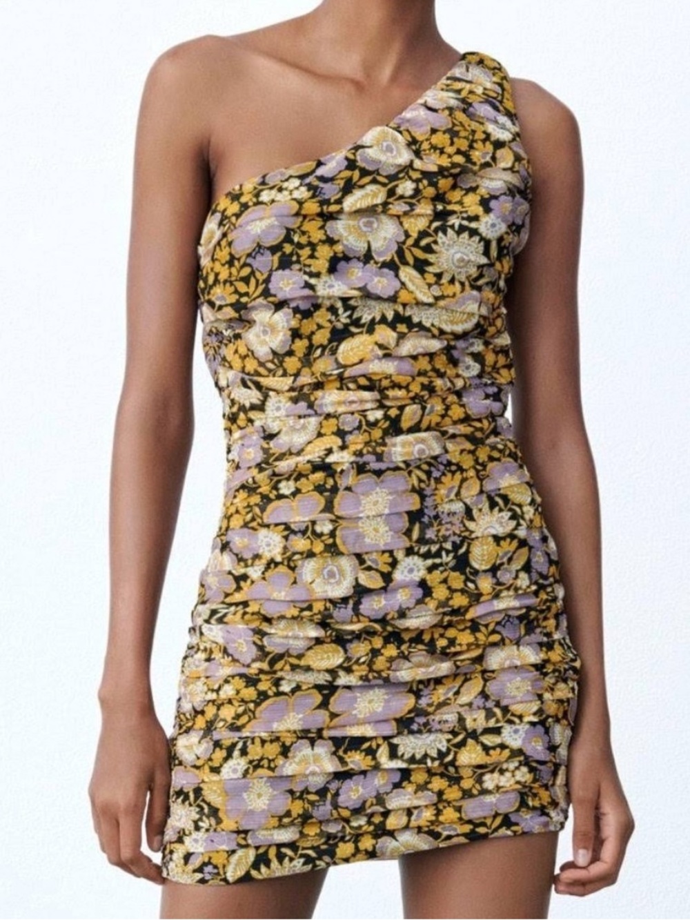 Zara Dress Sz M One-Shoulder Floral Ruched Mini Metallic Thread Special Events